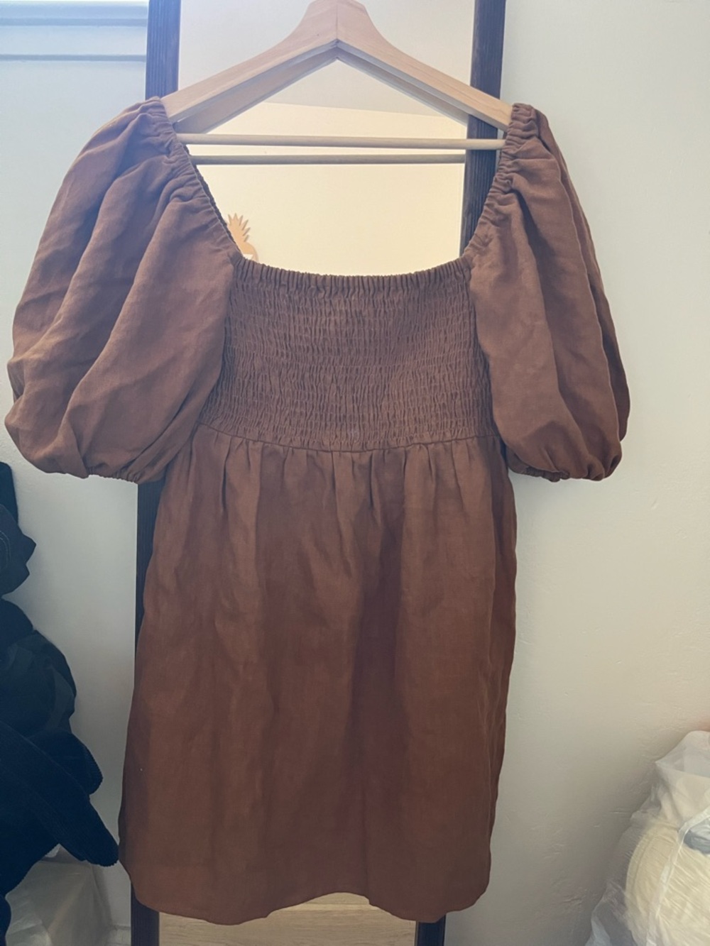 Sezane Smocked Square-Neck Mini Dress in Rust Brown - Picture 3 of 5